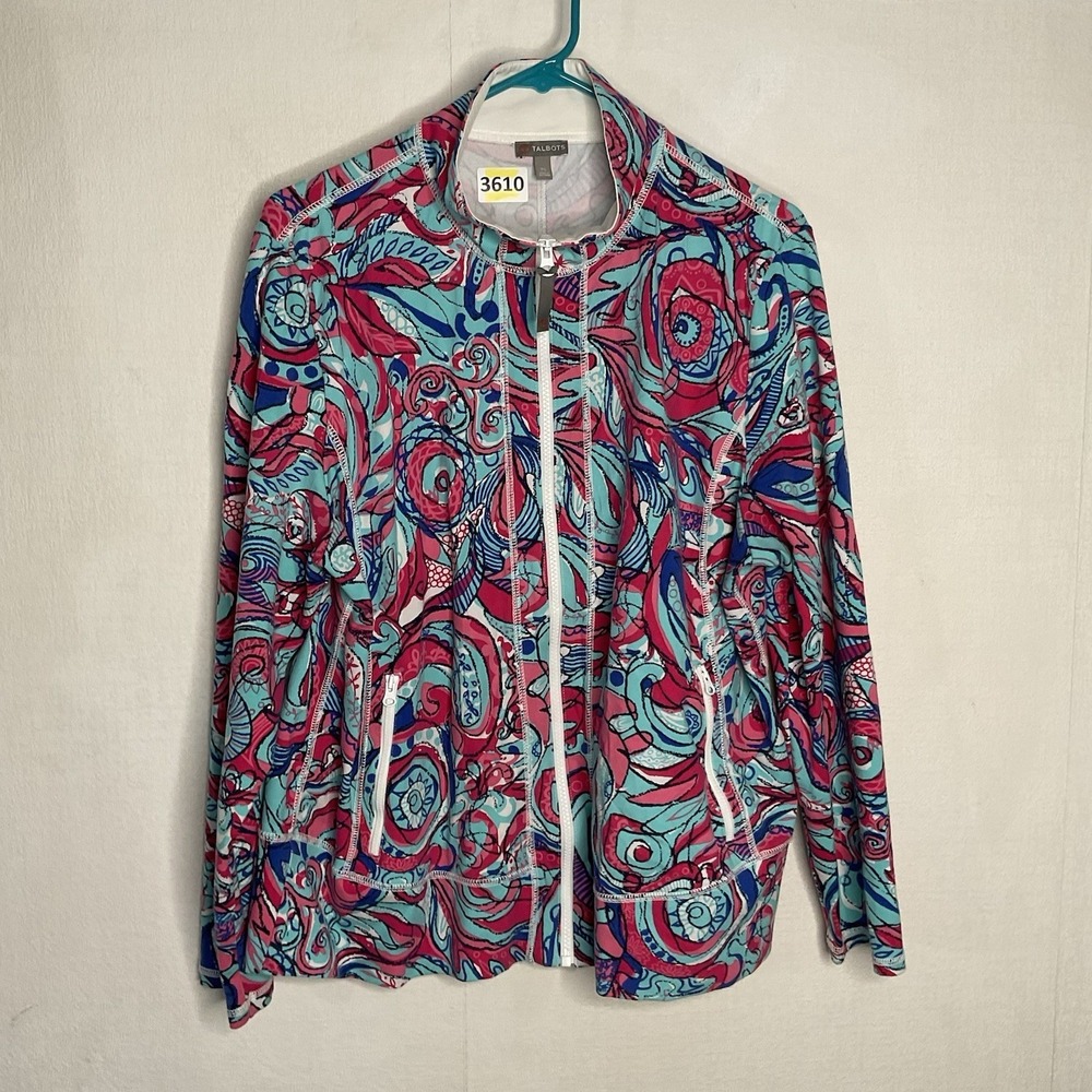 T by Talbots Pink Blue Abstract Print Athleisure Stretch Full Zip Jacket Size XL